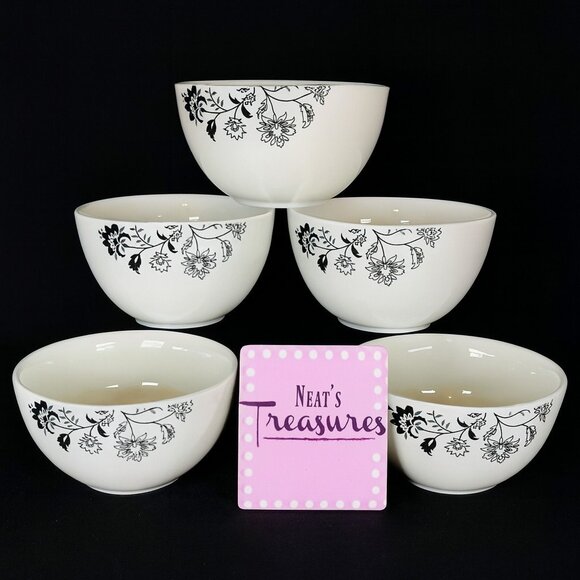 Tabletops Gallery REBECCA Black Floral White Porcelain Soup Cereal Bowls Set 5